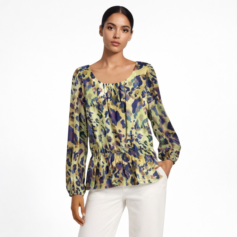 St John Womens Silk Blend Blouse 12 Abstract Print Luxury Resort Designer Chic